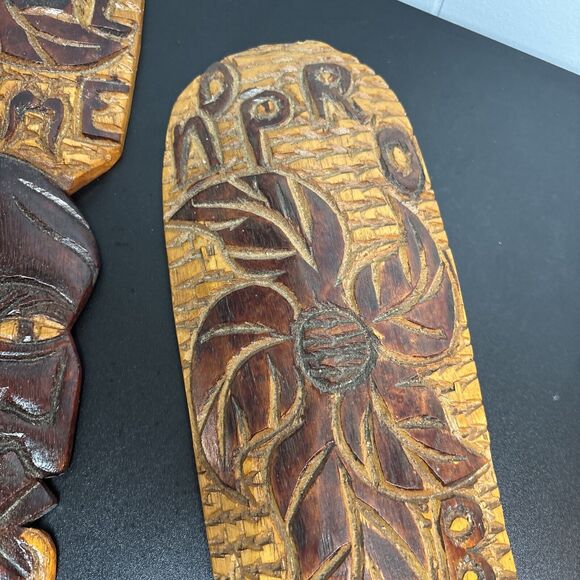 Hand Carved Wooden Wood Tribal Art Smoking No Problem Faces Set Of 2 Tiki Decor - Picture 6 of 9